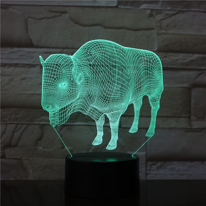 참신 테이블 램프 3D LED 비주얼 7 다채로운 동물 버팔로 조명기구 USB 크리 에이 티브 수면 가축 밤 빛 어린이 선물